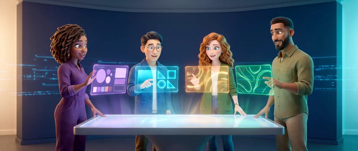 Quatre agents 3D de Kayliss Agents autour d'une table holographique, chacun sur une marque différente.