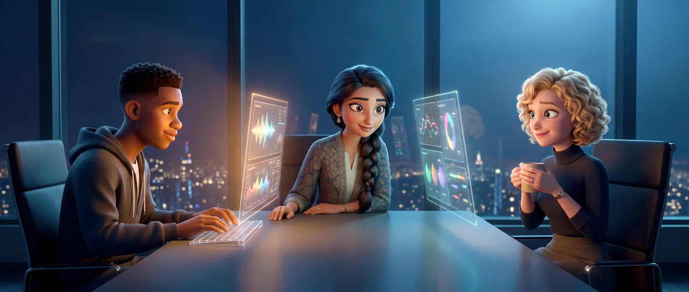 Trois agents 3D de Kayliss Agents au travail la nuit, écrans de création allumés.